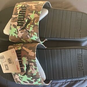 Puma Green and Brown Camo Slide Sandals